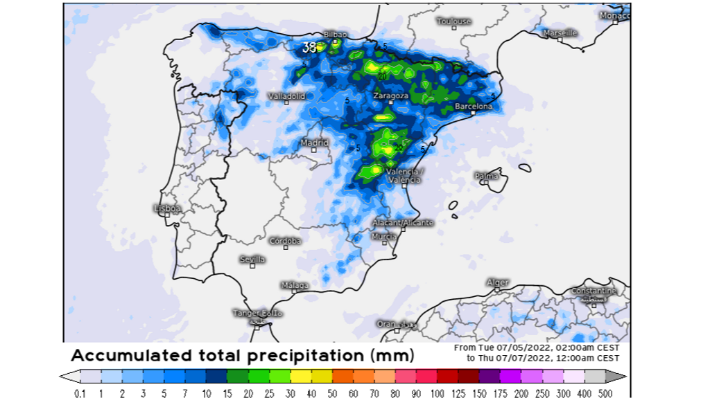 Precipitación prevista entre el martes y el jueves