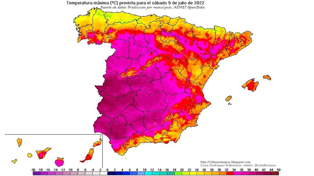 Temperaturas máximas previstas para el sábado 9 de julio