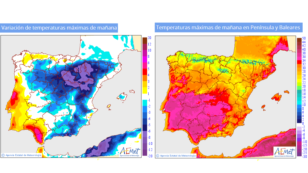 Temperaturas máximas y sus variaciones para el miércoles
