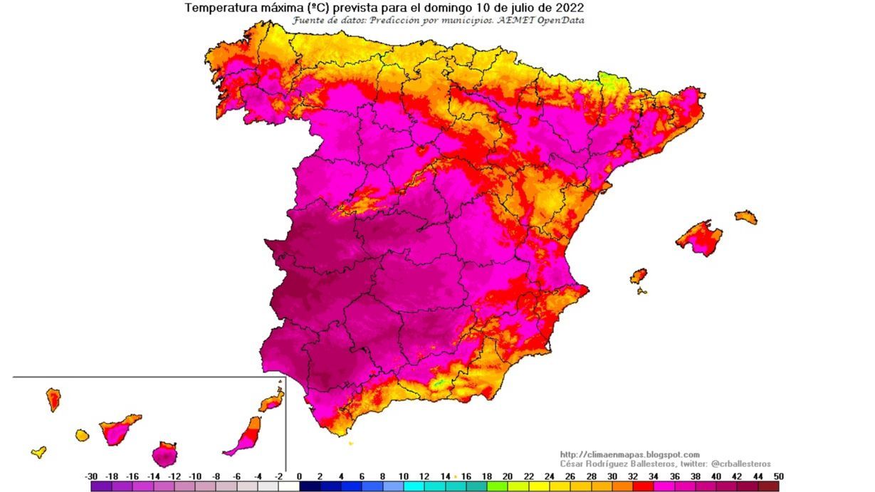 Temperaturas máximas previstas para el domingo 10 de julio