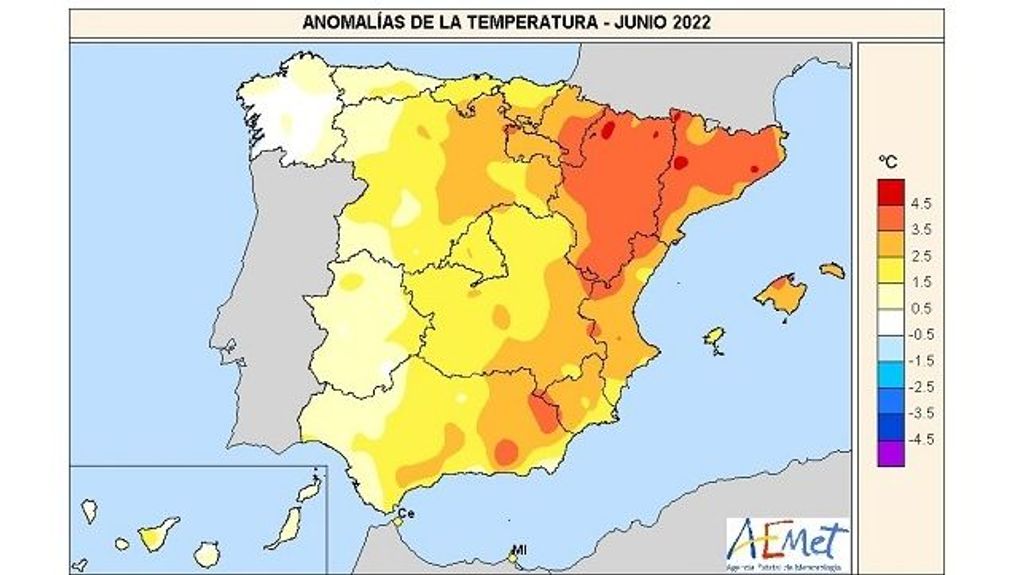 Anomalía de la temperatura media junio 2022