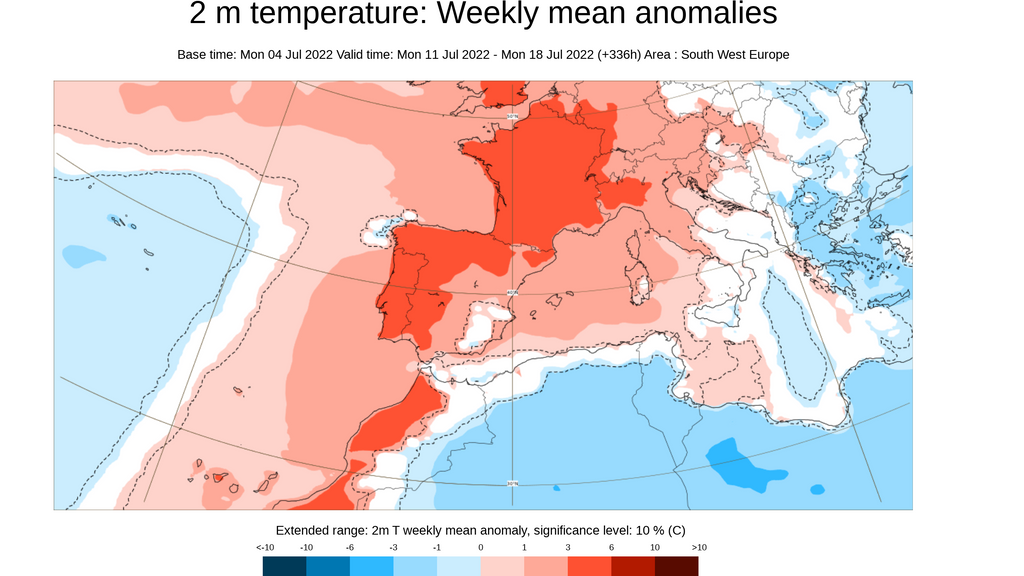 Anomalía de la temperatura media prevista para la semana que viene