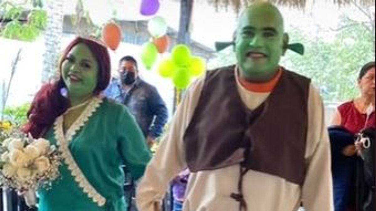 La feliz pareja que se ha casado convertida en Shrek y Fiona La feliz pareja que se ha casado convertida en Shrek y Fiona