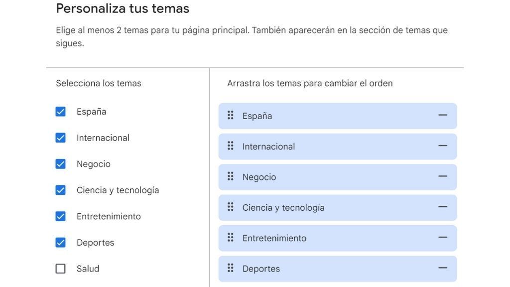Puedes elegir los temas que te interesan y ordenarlos por prioridad.