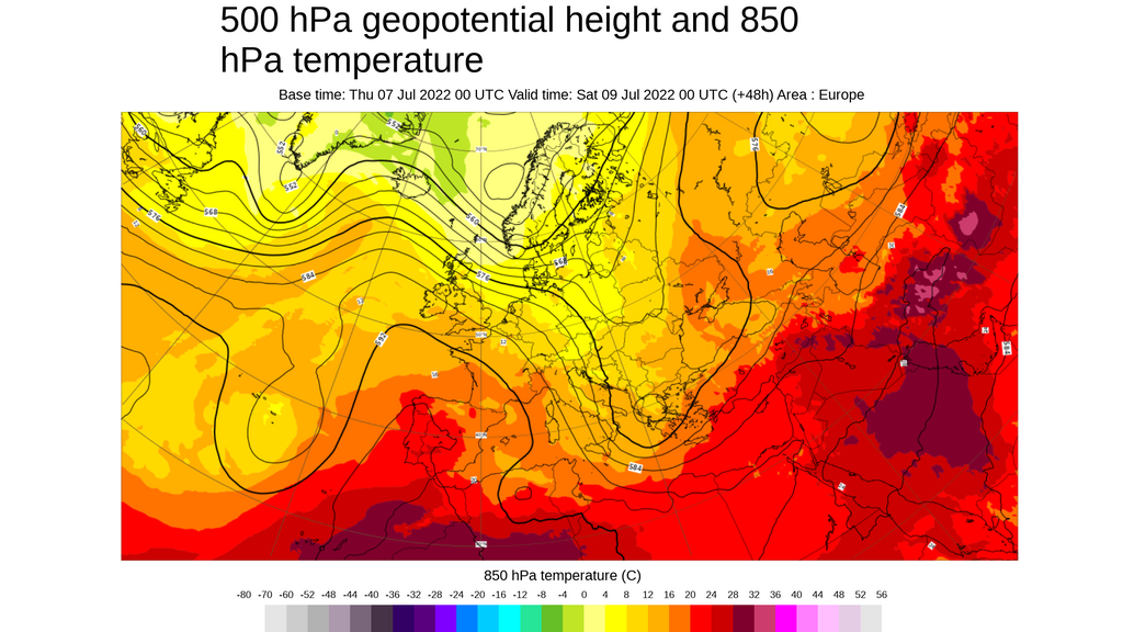 Temperatura y geopotencial 500 hPa prevista