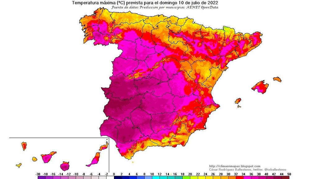 Temperaturas máximas previstas para el domingo 10 de julio 2022