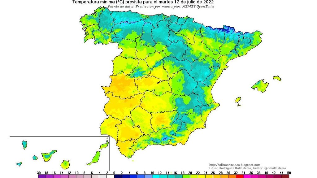 Temperaturas mínimas previstas para el martes