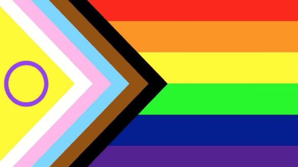 La última versión de la bandera LGTB incluye un triángulo amarillo y un círculo morado
