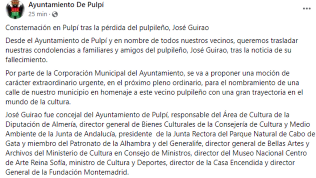 Pulpí y la cultura andaluza lloran el fallecimiento de José Guirao: tendrá una calle en su pueblo natal