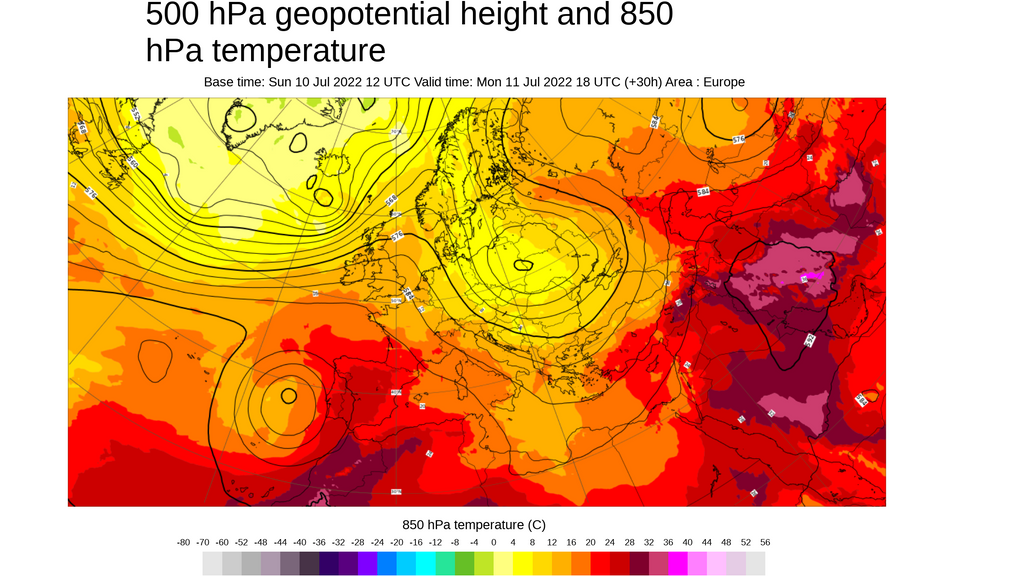 Temperatura y geopotencial a 500 hPa, con una dorsal al oeste de la Península Ibérica