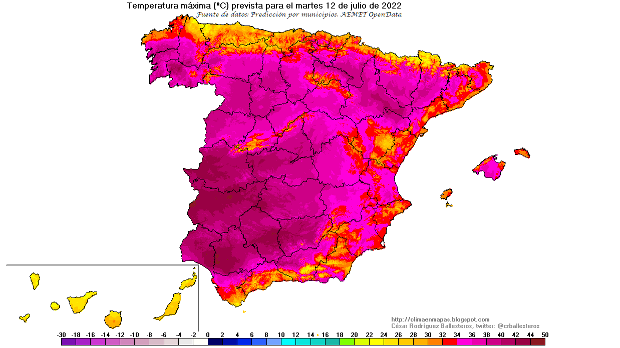 Temperaturas máximas previstas para el martes 12