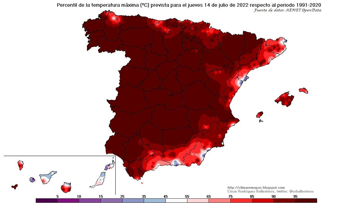 Percentil de temperatura máxima prevista para jueves 14