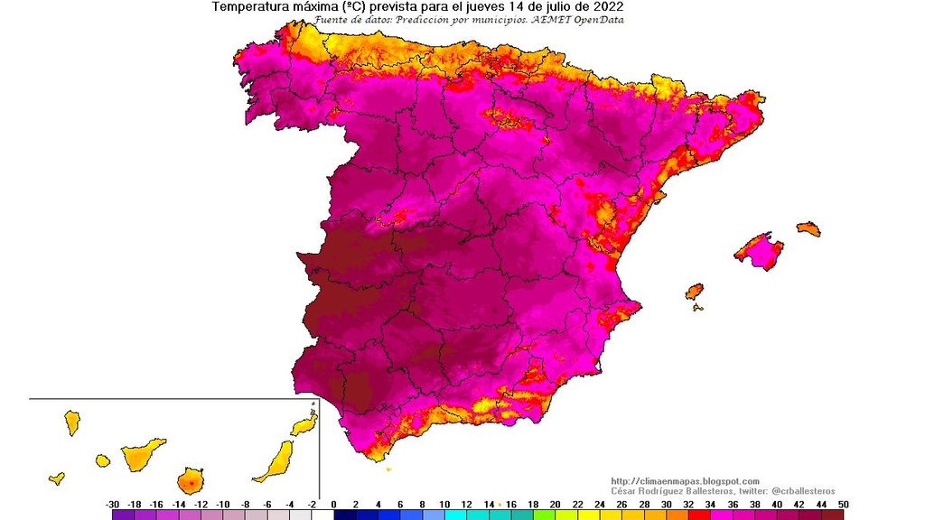 Temperaturas máximas previstas para el jueves 14