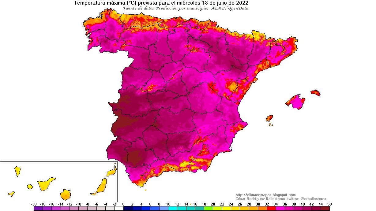 Temperaturas máximas previstas para el miércoles 13