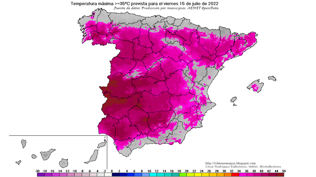 Temperaturas máximas superiores a 35 ºC previstas para el viernes 15