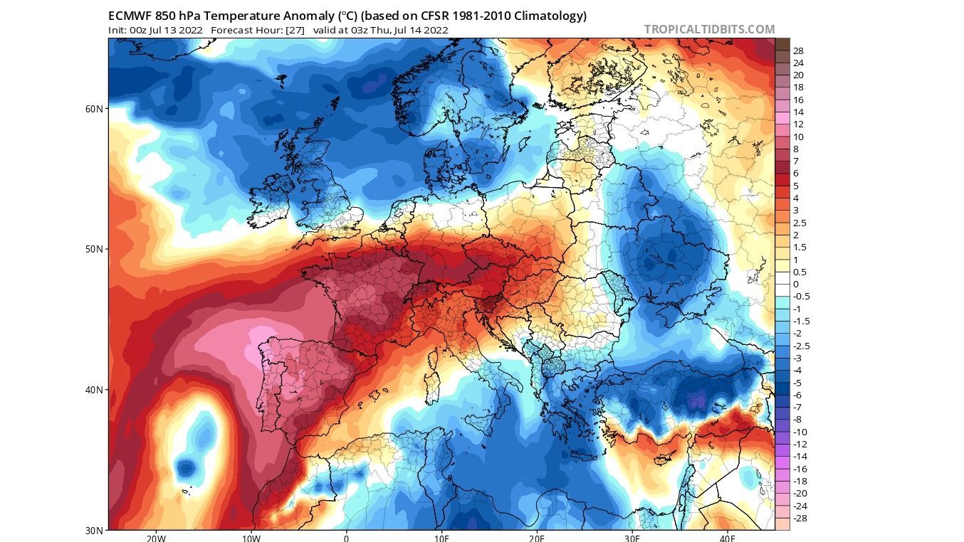 Anomalía de la temperatura a 850 hPa