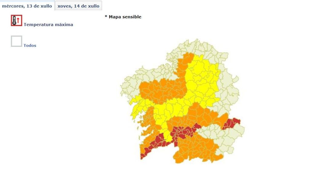 Mapa de alertas del miércoles 13 de julio de 2022.