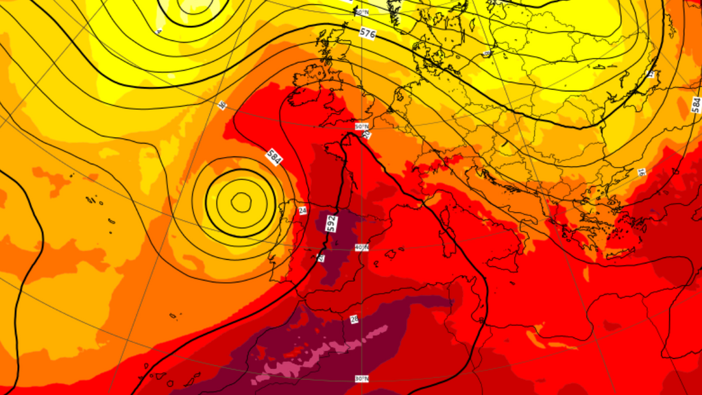 Temperatura y geopotencial a 500 hPa previsto para el lunes 18