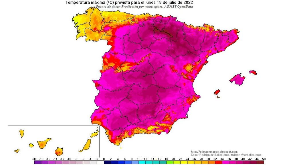 Temperaturas máximas previstas para el lunes 18