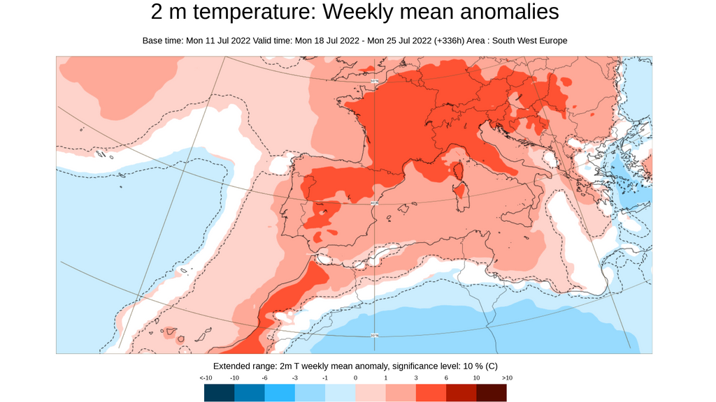 Anomalía de la temperatura prevista del 18 al 24 de julio