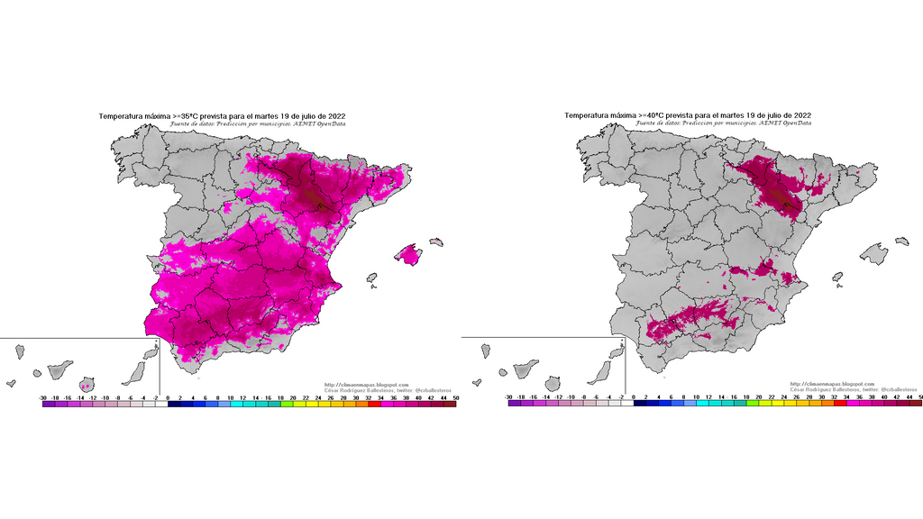 Temperaturas máximas superiores a los 35 y 40 ºC previstas para el martes 19