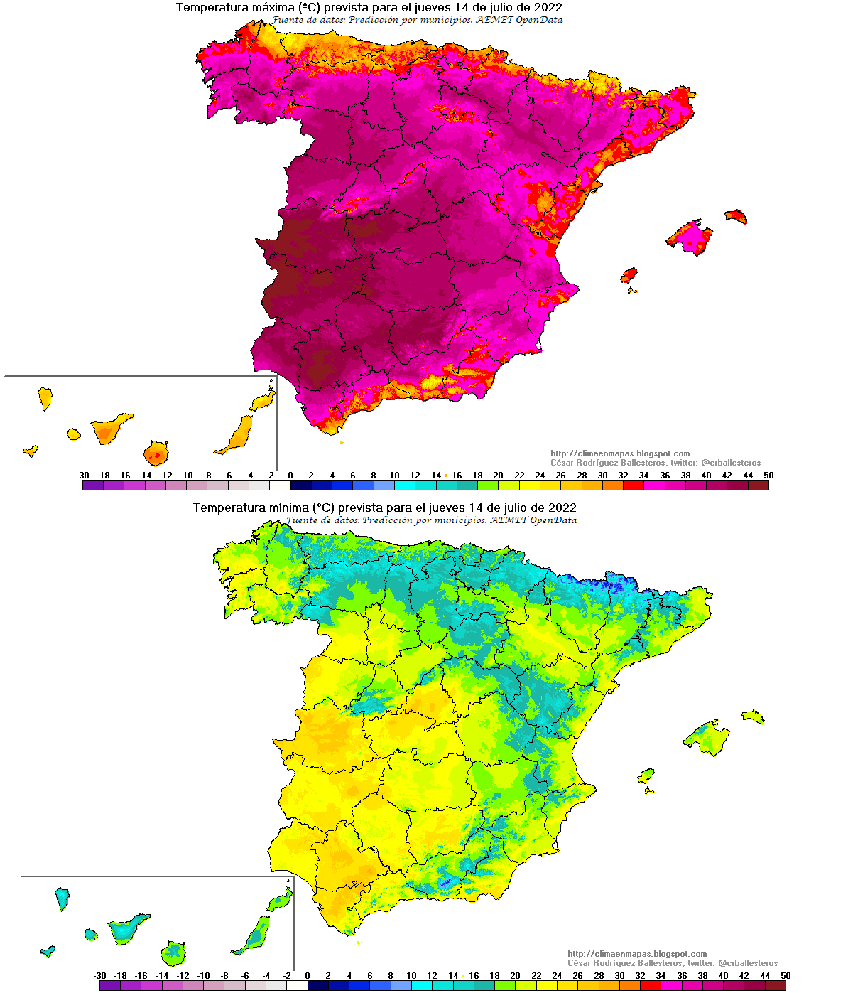 Temperaturas máximas y mínimas previstas para el jueves 14