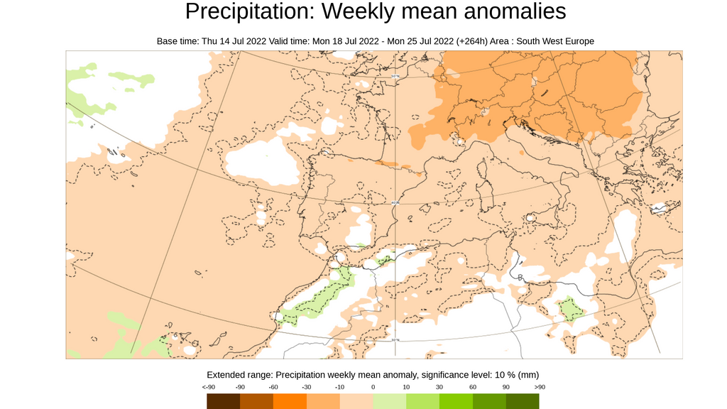 Anomalía de la precipitación media prevista para la semana del 18 al 24 julio