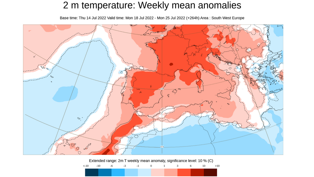 Anomalía de la temperatura media prevista para la semana del 18 al 24 julio