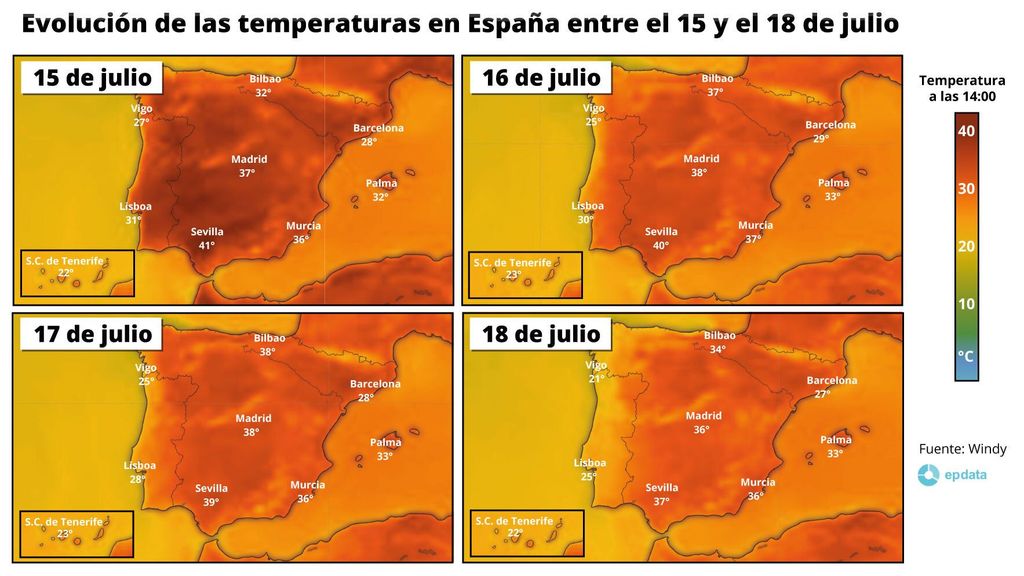 Mapas temperaturas España entre el 15 y 18 de julio