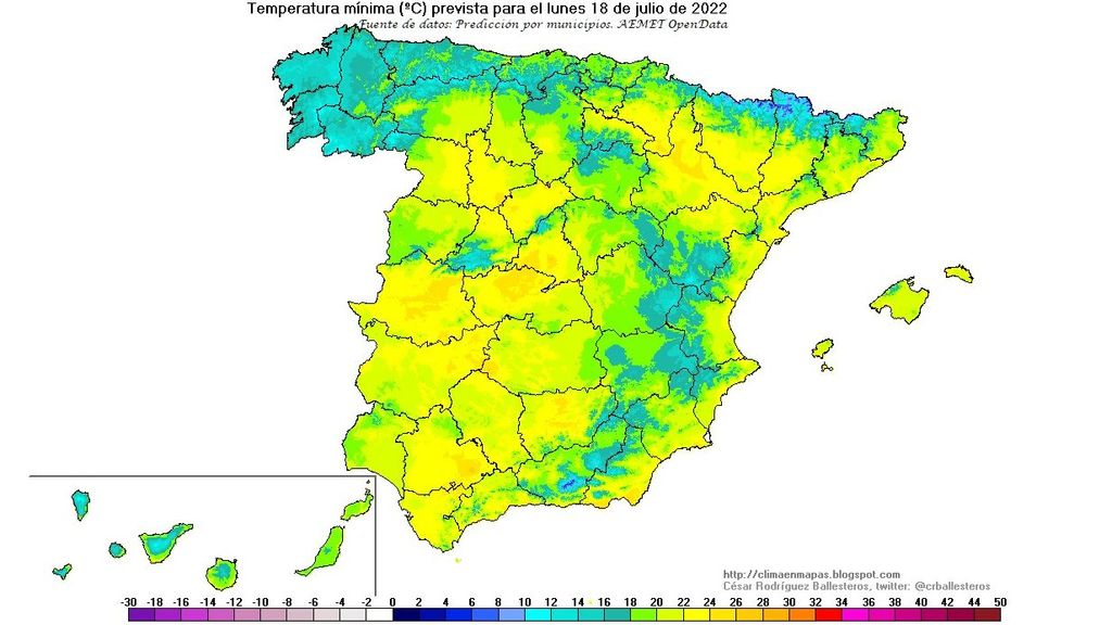 Temperaturas mínimas previstas para el lunes 18