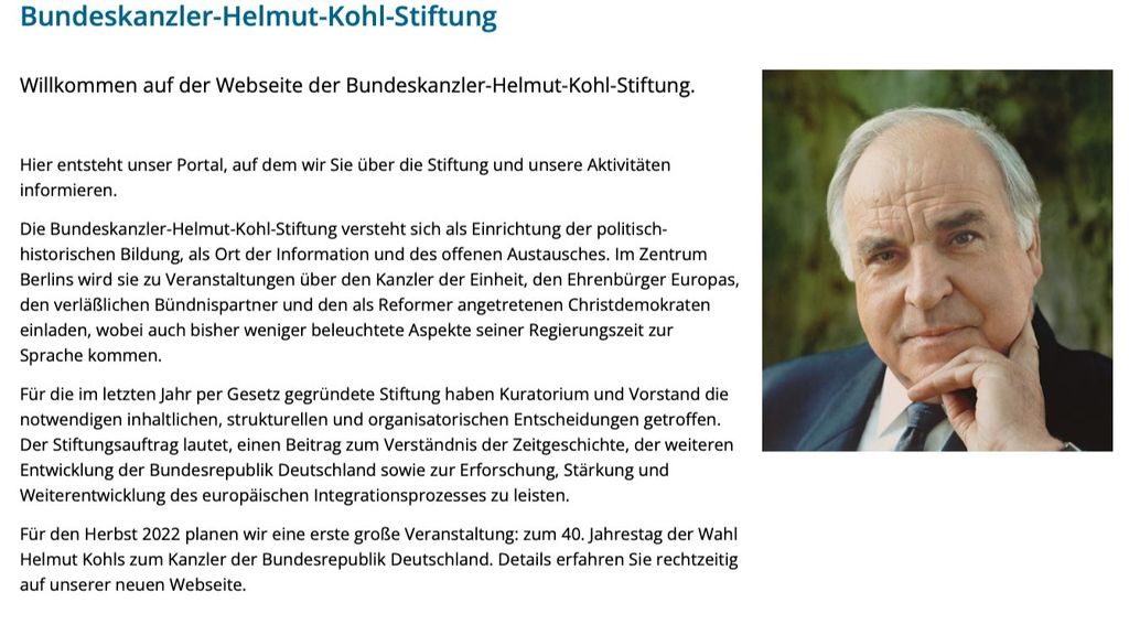 Captura de pantalla de la página web de la Fundación Helmut Kohl