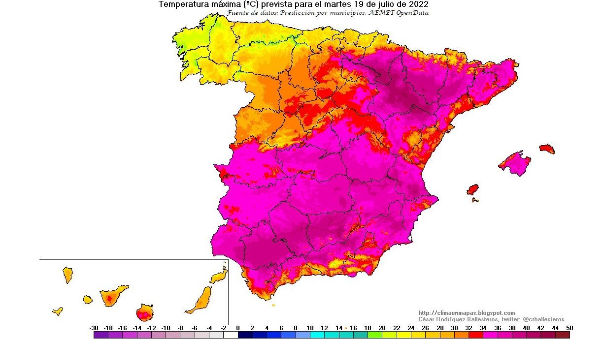 Temperaturas máximas previstas para el martes 19