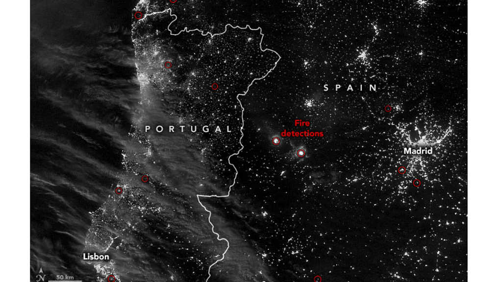 Ubicaciones de las detecciones de incendios en Portugal y España 12 de julio