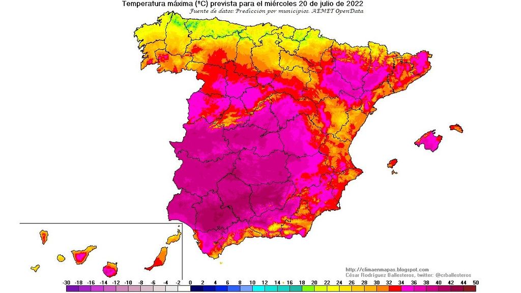 Temperaturas máximas previstas para el miércoles 20 de julio