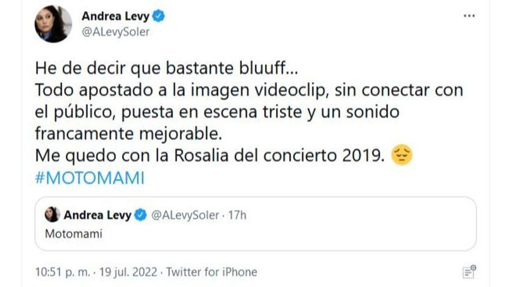 Andrea Levy se topa con la legión de seguidores de Rosalía tras criticar su concierto en el WiZink