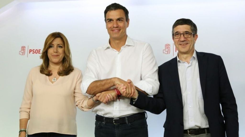 Susana Díaz, Pedro Sánchez y Patxi López tras las primarias en mayo de 2017