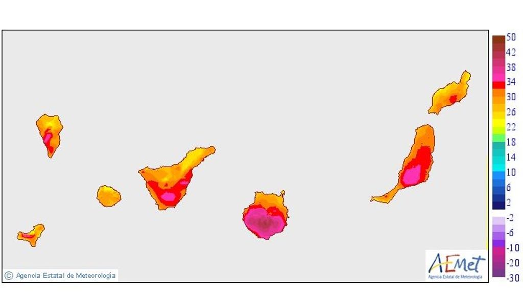 Temperaturas máximas para el jueves 21 en Canarias