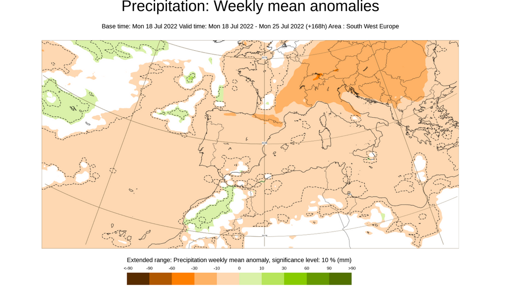 Anomalía de la precipitación prevista para la semana del 25 al 31 de julio