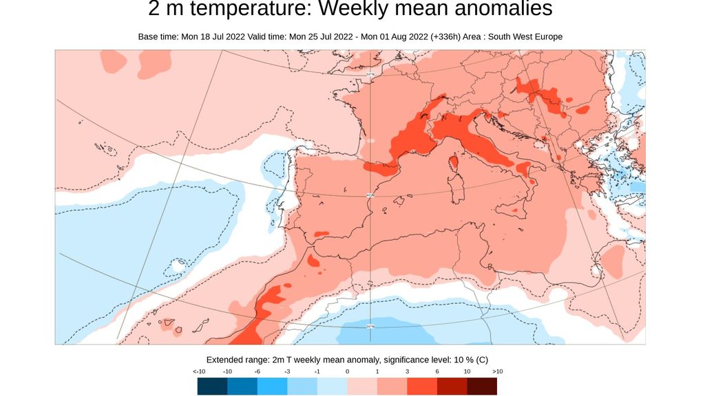Anomalía de la temperatura prevista para la semana del 25 al 31 de jul