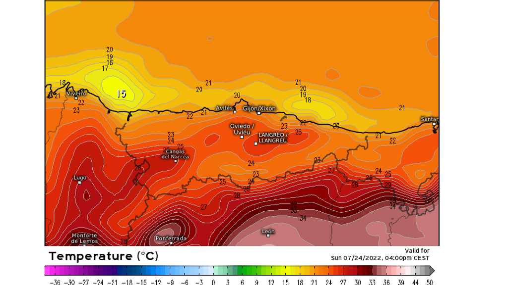 Temperatura máxima prevista para el domingo en Asturias y alrededores
