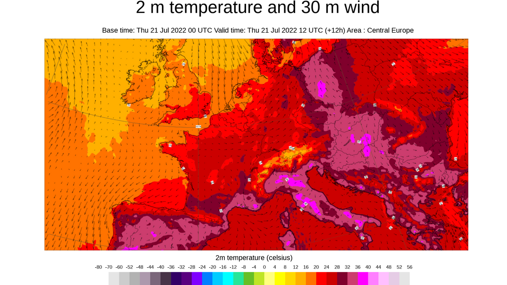 Temperatura superficial en Europa jueves 21 julio