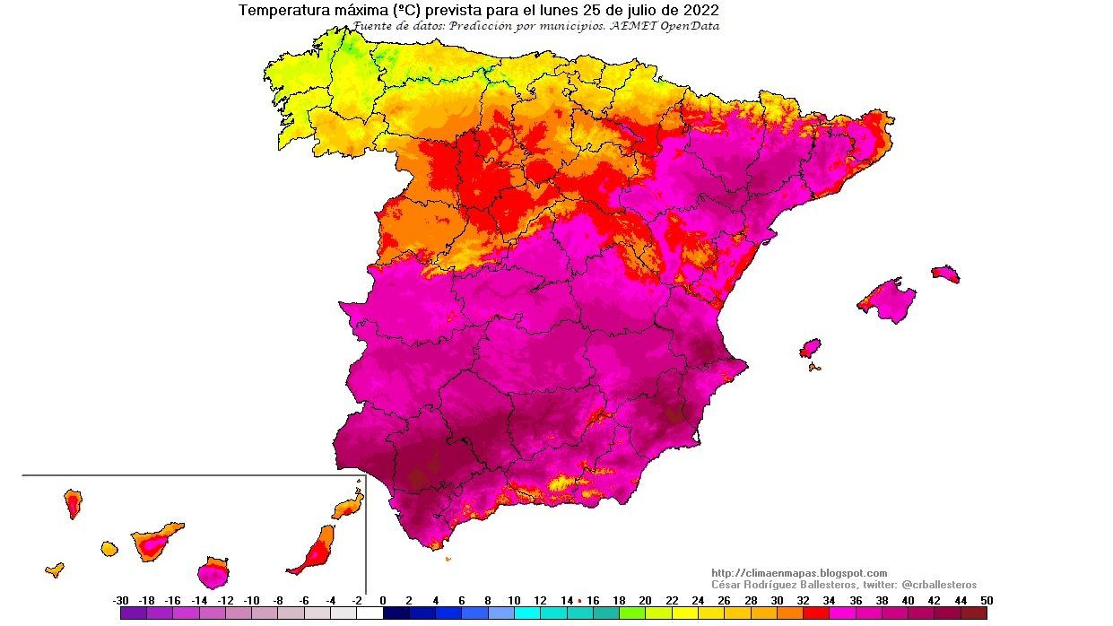 Temperaturas máximas previstas para el lunes 25