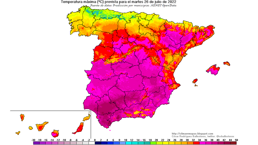 Temperaturas máximas previstas para el martes 26