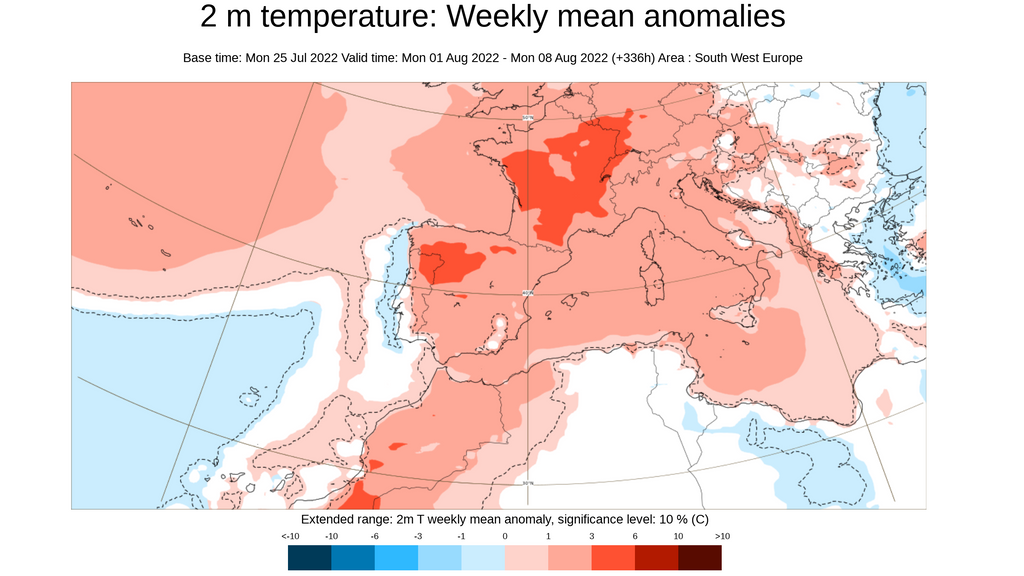 Anomalía de la temperatura prevista la semana del 1 al 7 de agosto 2022