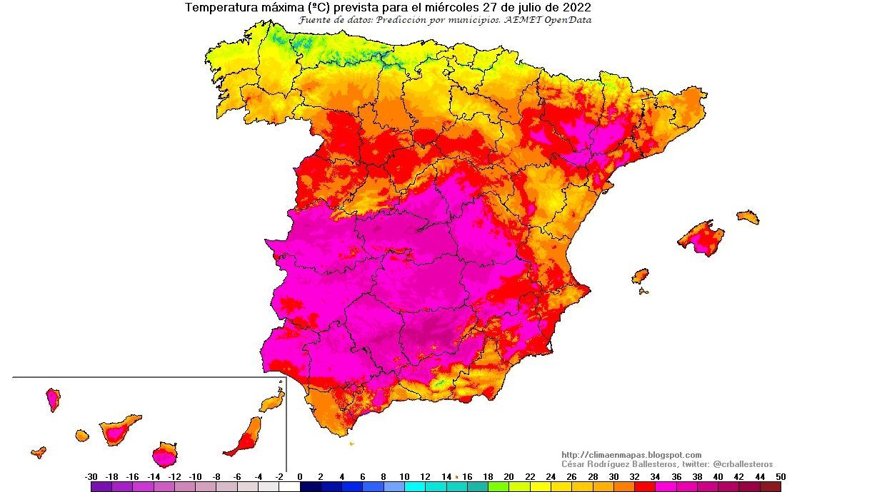 Temperaturas máximas previstas para el miércoles 27