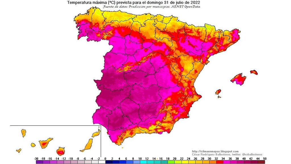 Temperaturas máximas previstas para el domingo 31