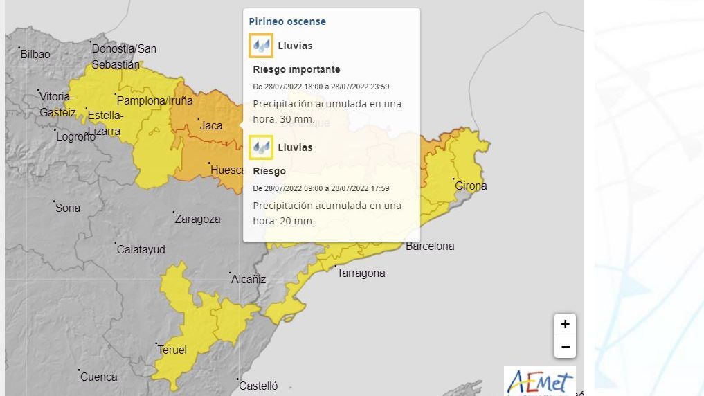 Avisos por lluvias y tormentas previstos para el jueves 28
