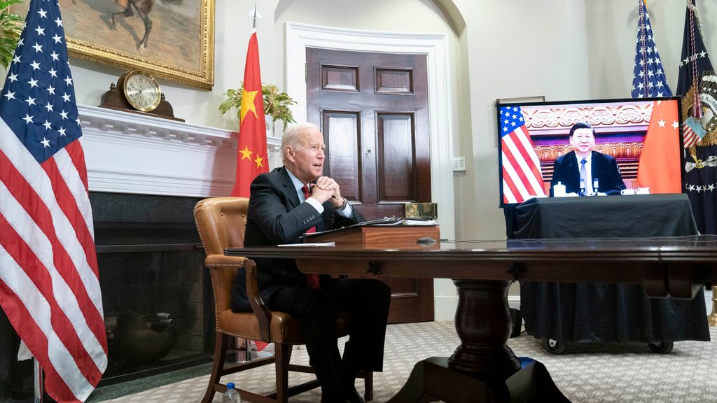 November 15, 2021, Washington, District of Columbia, USA: United States President JOE BIDEN speaks during a virtual summit with Chinese President Xi Jinping in the Roosevelt Room of the White House. (Credit Image: © Sarah Silbiger/POOl/CNP via ZUMA Press Wire)