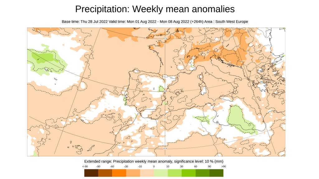 Anomalía de la precipitación prevista para la primera semana de agosto 2022