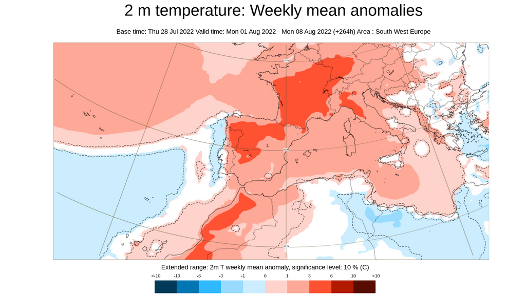 Anomalía de la temperatura prevista para la primera semana de agosto 2022